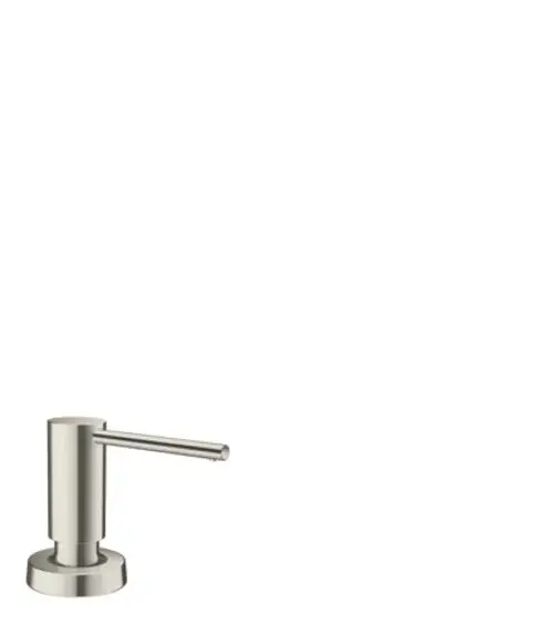 Edelstahl Spender von Hansgrohe, mit schlankem Arm und runder Basis, geeignet für Flüssigseife oder Lotion, auf weißem Hintergrund.